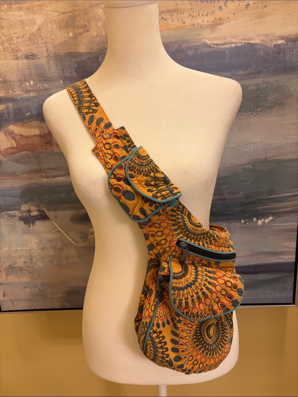 Patterned Orange & Teal Sling Bag